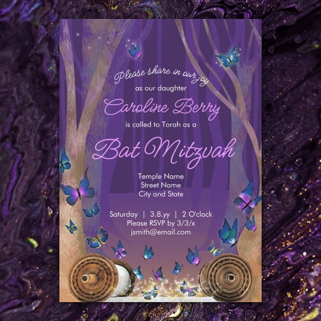 Lila Schmetterlinge, Scrolls Bat Mitzvah Einladung (magical forest purple bat mitzvah invitations, torah scrolls, sparkles)