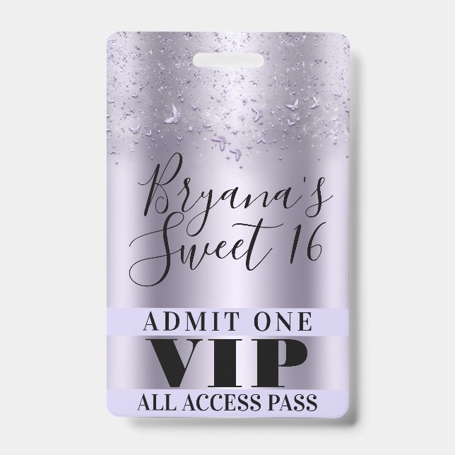 Lila Schmetterlinge Sweet 16 Party VIP Pass Abzeic Ausweis (Vorderseite)