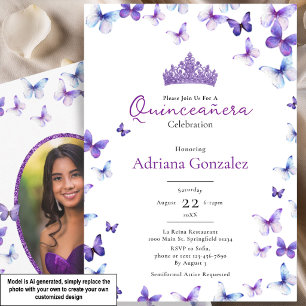Lila Schmetterlinge Tiara Foto 15 XV Quinceanera Einladung