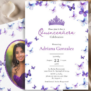Lila Schmetterlinge Tiara Foto 15 XV Quinceanera Einladung