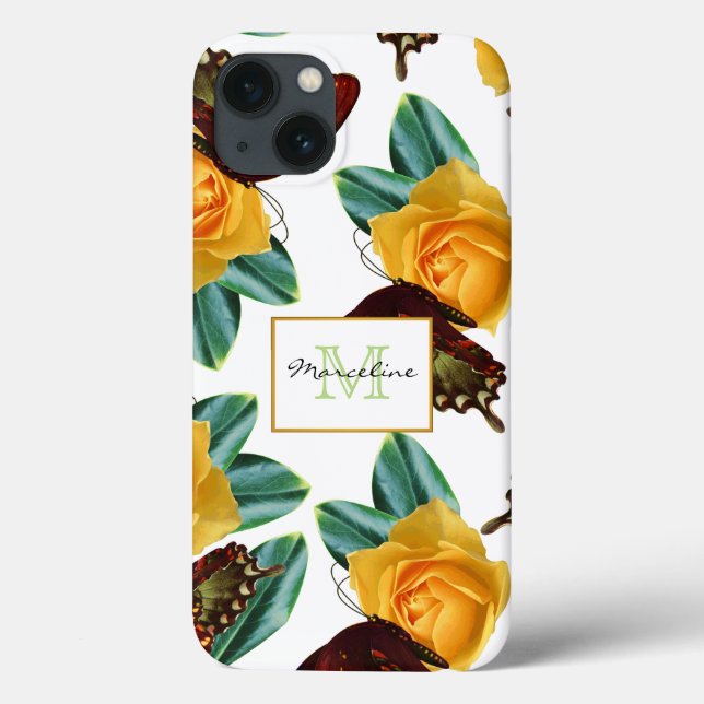 Lila Schmetterlinge und Gelbe Rosen mit Namen Case-Mate iPhone Hülle (Rückseite)