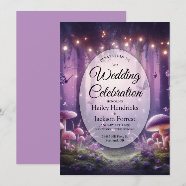 Lila Schmetterlinge und Hochzeiten von Starlit Ski Einladung (Vorne/Hinten)