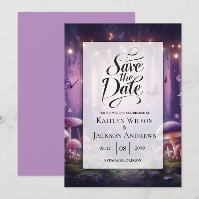 Lila Schmetterlinge und Hochzeiten von Starlit Ski Save The Date (Vorne/Hinten)