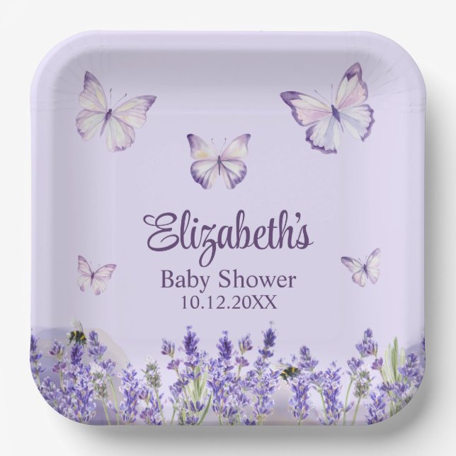 Lila Schmetterlinge und Lavenders Babydusche Pappteller (Vorderseite)