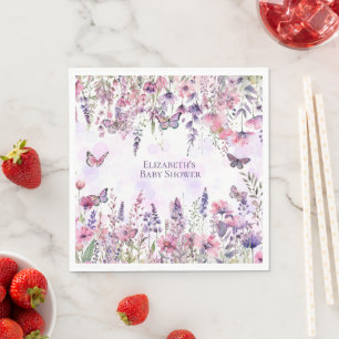Lila Schmetterlinge und Wildblumen Serviette