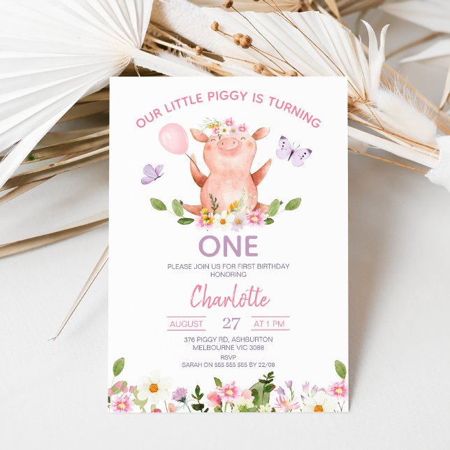 Lila Schmetterlinge Unser kleines Schweine 1. Gebu Einladung (Editable Pig Birthday Invitation, Little Piggy Birthday Invite, Floral Pig Birthday, Wildflowers)