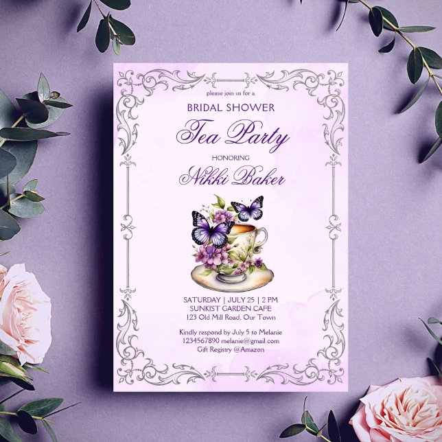 Lila Schmetterlinge Viktorianisches Bridal Tee Par Einladung (Purple butterflies vintage silver border Victorian bridal shower tea party Invitation template)