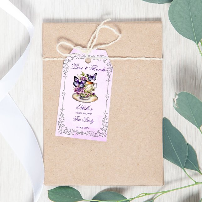 Lila Schmetterlinge Viktorianisches Bridal Tee Par Geschenkanhänger (Purple butterflies Victorian bridal tea party bridal shower thank you favor Gift Tags)