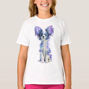 Lila Schmetterlings-Ohr-Papillon-Hund Kinder T-Shirt