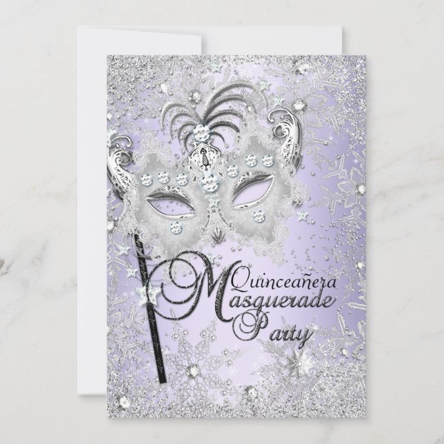 Lila Schneeflocke Masquerade Quinceanera Einladung (Vorderseite)