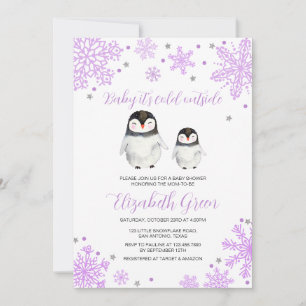 Lila Schneeflocken Pinguin Babydusche Einladung