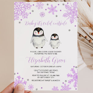 Lila Schneeflocken Pinguin Babydusche Einladung