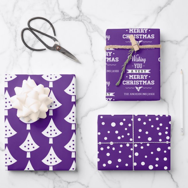 Lila Schneeflocken und Wünsche Weihnachten Geschenkpapier Set (Vorderseite)