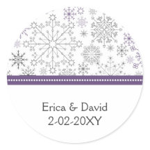 lila Schneeflocken Winterhochzeit Gunst Sticker