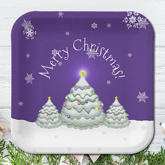 Lila Schneeweihnachtsbäume Pappteller (Purple Snowy Christmas Tree Paper Plates)