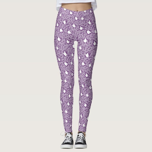 Lila Schwan- und Blumenmuster Leggings (Vorderseite)