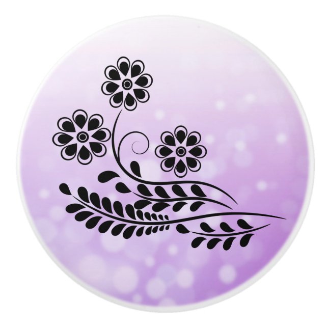 Lila Schwarz-Blumen-Design Keramikknauf (Vorderseite)