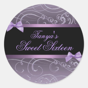 Lila/Schwarz Bow & Swirl Sweet 16 Umschlag Aufkleb Runder Aufkleber