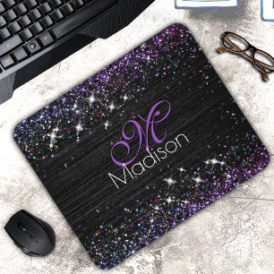 Lila Schwarz-Bürstenmetall-Glitzer-Monogramm Mousepad