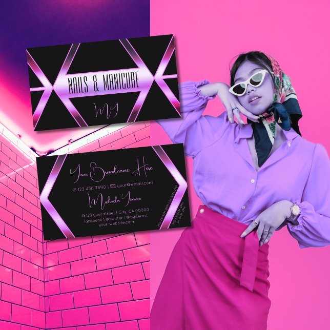 Lila Schwarz-geometrischer Rosa-Shimmer mit Monogr Visitenkarte (Von Creator hochgeladen)