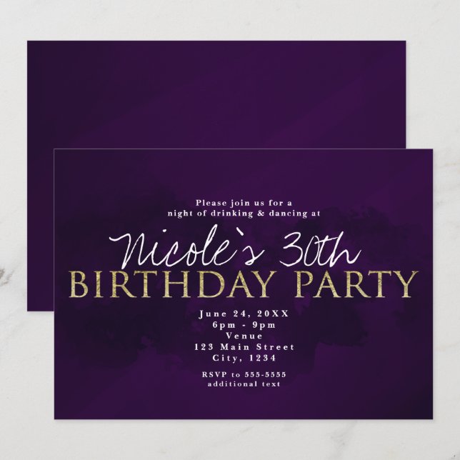 Lila Schwarz-Gold-Glam Moderne Party Einladungen (Vorne/Hinten)