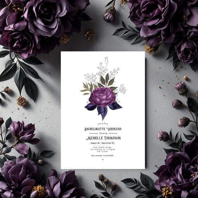 Lila Schwarz-Gold Gothic Bachelorette Wochenende Einladung (Purple Black and Gold Gothic Bachelorette Weekend Invitation)