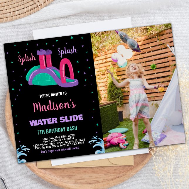 Lila Schwarz Rosa Foto Wasserrutsche Geburtstag Einladung (Purple Black Pink Photo Water Slide Birthday Invitation)