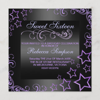 Lila/Schwarz Sweet16 Stern & Swirl Geburtstag Einl Einladung