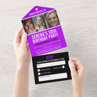 Lila schwarze drei Fotos 30. Geburtstag Party All In One Einladung