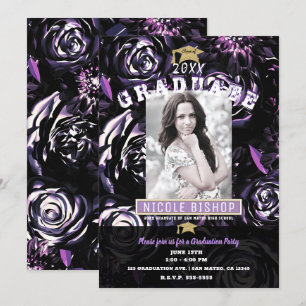 Lila Schwarze Florale Glam Foto Abschlussfeier Einladung