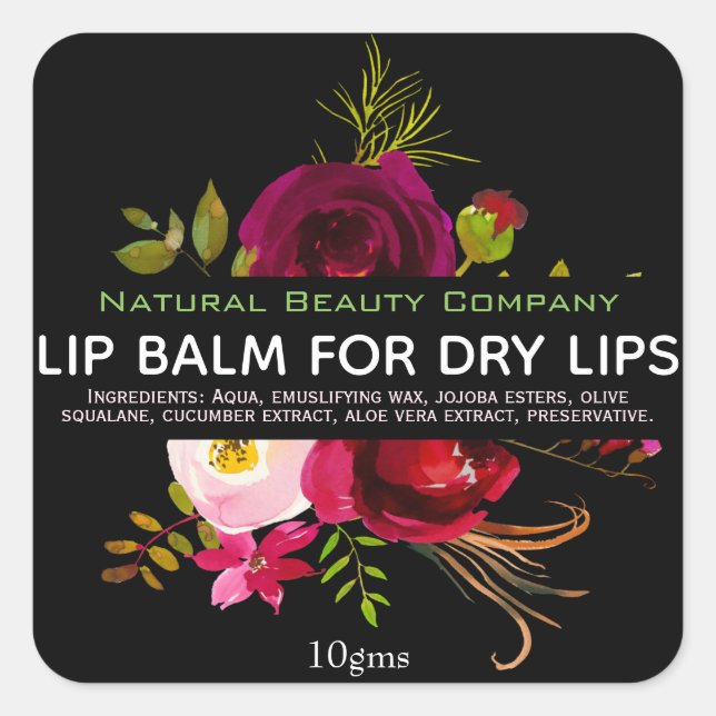 Lila schwarze grüne Blume Lip Balm Labels Quadratischer Aufkleber (Vorderseite)