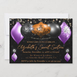 Lila, Schwarze, Orange Halloween-Kugeln Sweet 16 Einladung