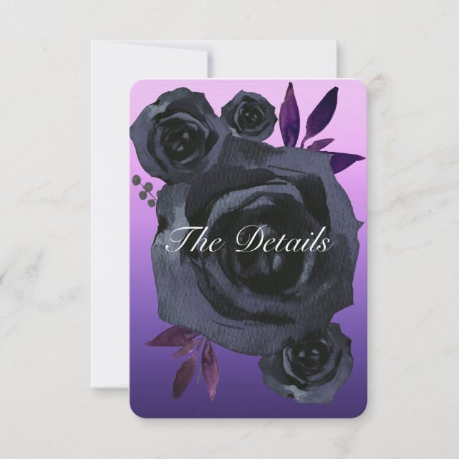 Lila Schwarze Rose Goth Wedding Details Einladung (Vorderseite)