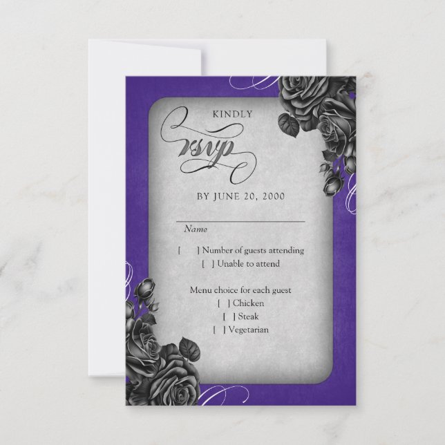 Lila Schwarze Rose Gothic Wedding RSVP Karte (Vorderseite)
