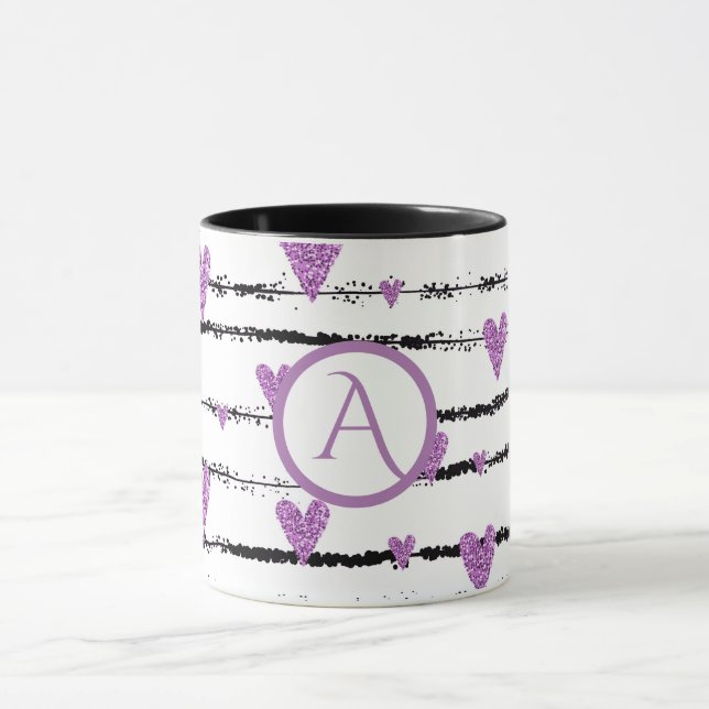 Lila Schwarze Streifen, Monogramm Tasse (Zentrum)