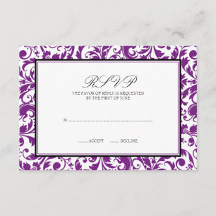 Lila schwarze Strudel-Damast-Hochzeits-Wartekarte RSVP Karte