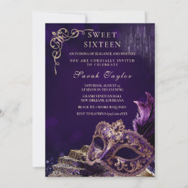 Lila Schwarze Sweet 16 Maskerade Elegante Venezian Einladung
