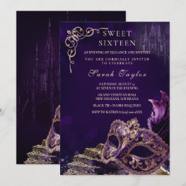 Lila Schwarze Sweet 16 Maskerade Elegante Venezian Einladung