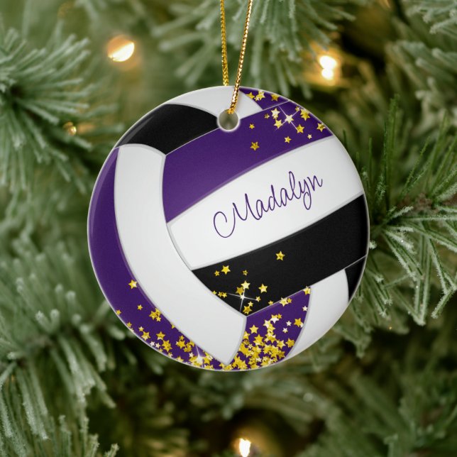 lila schwarze Volleyball-Girls mit goldenen Sterne Keramik Ornament (Baum)