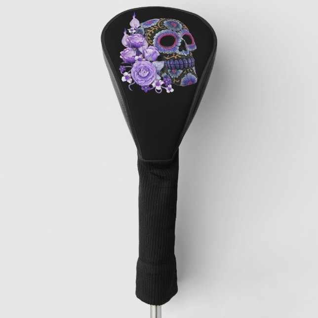 Lila schwarzer Blütenschädel Golf Headcover (Vorderseite)