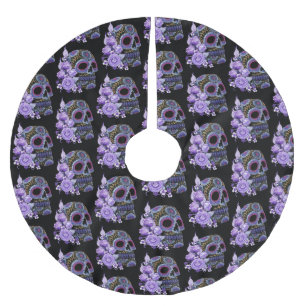 Lila schwarzer Blütenschädel Polyester Weihnachtsbaumdecke