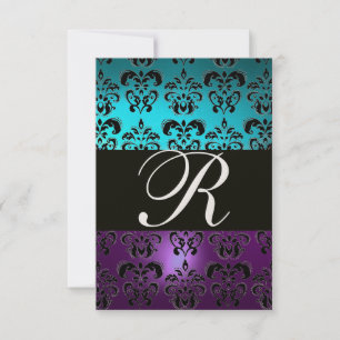 LILA SCHWARZER DAMAST MONOGRAMM RSVP ,blau türkis Einladung