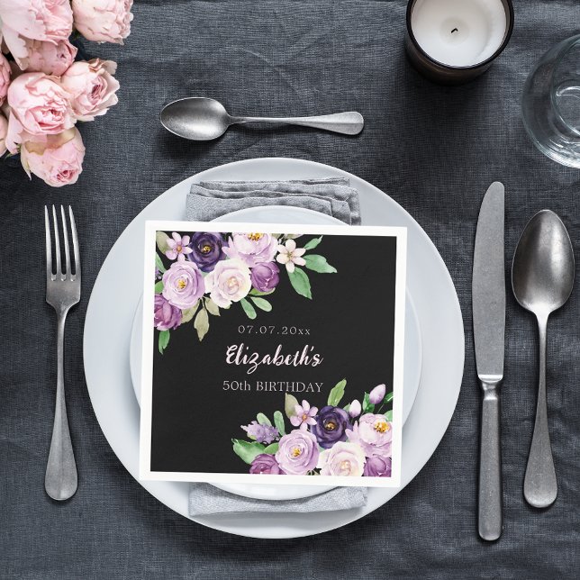 Lila schwarzer Lavendel-Rosa-Florin Geburtstag Serviette (Von Creator hochgeladen)