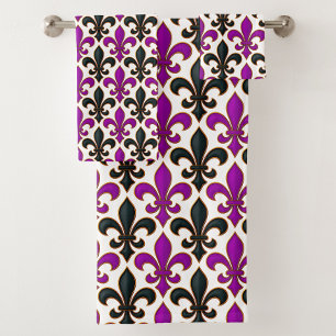 Lila-schwarzes Barock-Fleur-de-lis-Musterdesign Badhandtuch Set