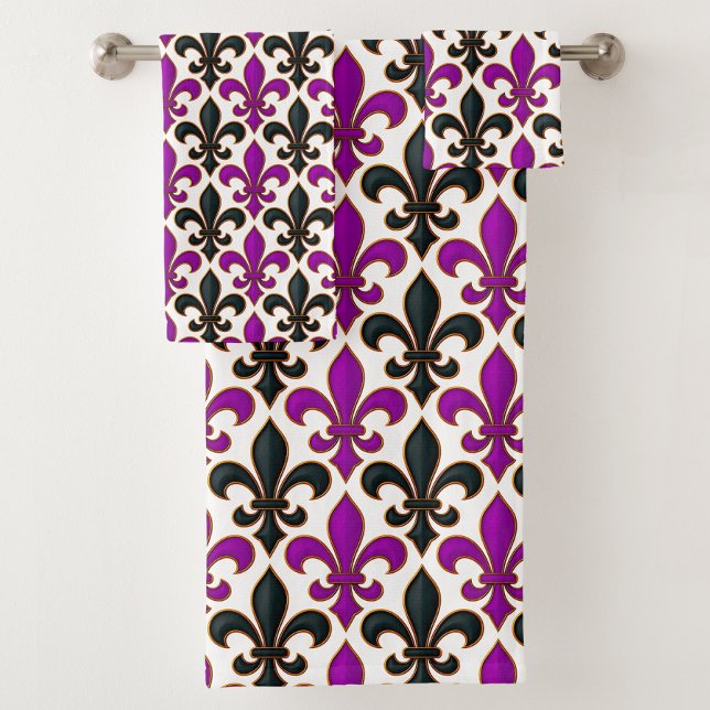 Lila-schwarzes Barock-Fleur-de-lis-Musterdesign  Badhandtuch Set (Von Creator hochgeladen)