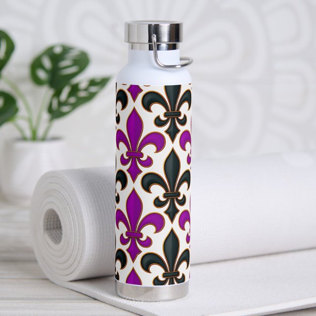 Lila-schwarzes Barock-Fleur-de-lis-Musterdesign  Trinkflasche (Von Creator hochgeladen)