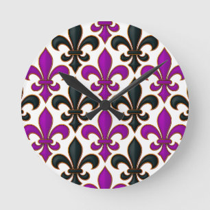 Lila-schwarzes Barock-Lilienmuster-Design Runde Wanduhr