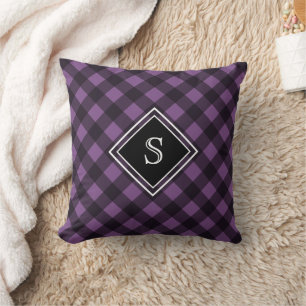 Lila-schwarzes Büffel-Karo-Quadrat-Monogramm im Ra Kissen