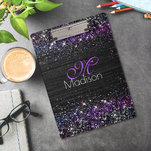 Lila schwarzes gebürstetes Metall Glitter Monogram Klemmbrett