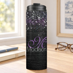 Lila schwarzes gebürstetes Metall-Glitter-Monogram Thermosbecher